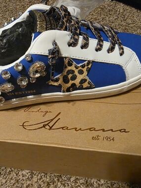 CUSTOM Vintage Havana Embellished Blue & White Leopard Star Sneaker